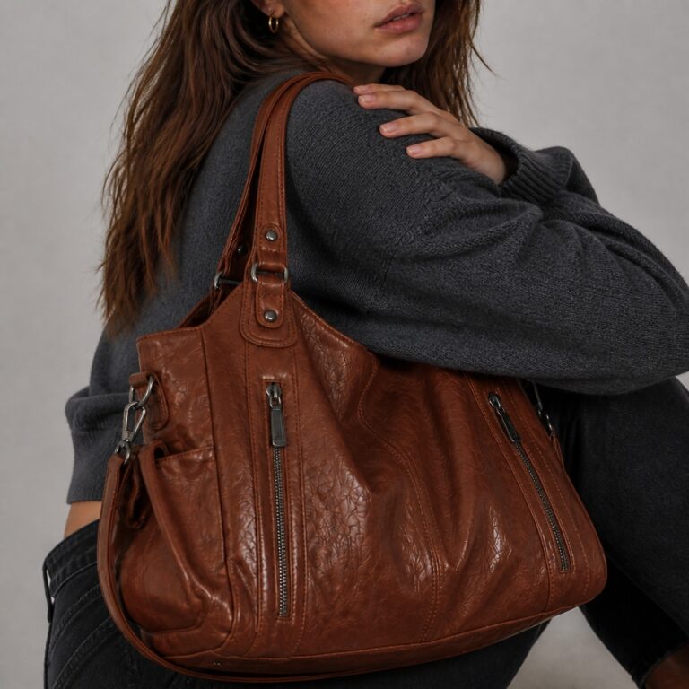 Sac de cours chic marron porté